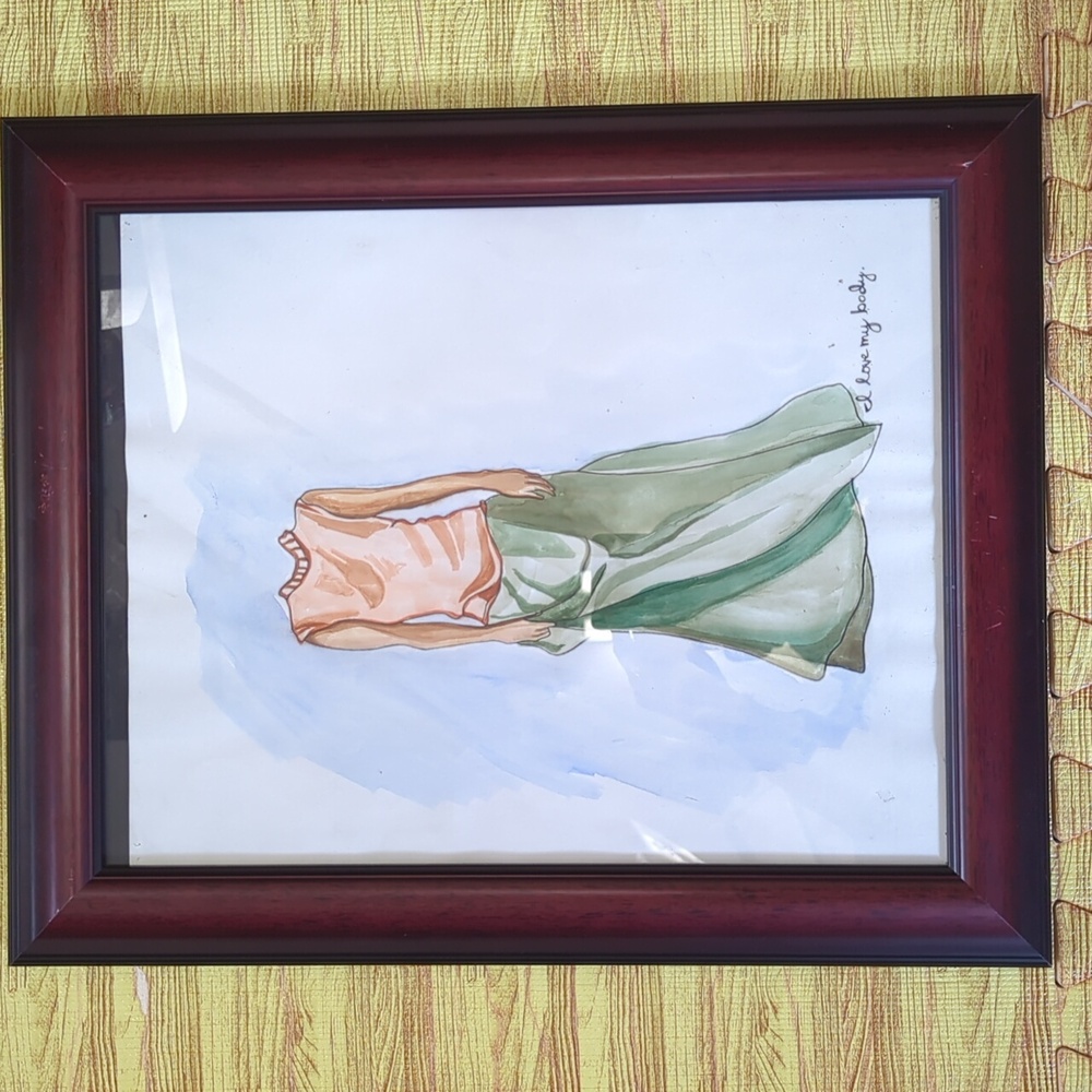 Framed Original Watercolor Portrait Saying "I Love My Body."